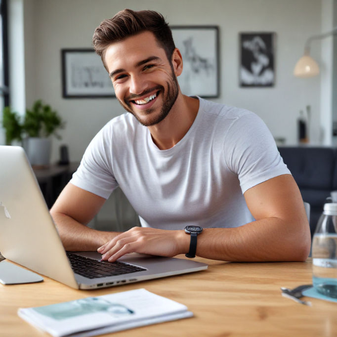 A man smiling confidently, seated at a desk, researching health benefits on his laptop, with a fitness tracker on his wrist and a glass of water nearby, promoting balance and wellness.