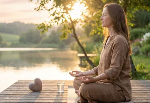 A calm and peaceful scene showing a person practicing mindfulness meditation outdoors with soft sunlight, emphasizing relaxation and heart health awareness.
