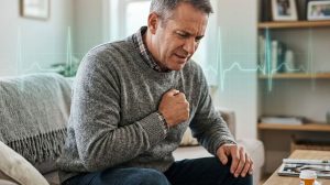 A middle-aged adult experiencing mild chest discomfort while holding his chest, with a faint heart rhythm graphic in the background, at a hospital or home setting.