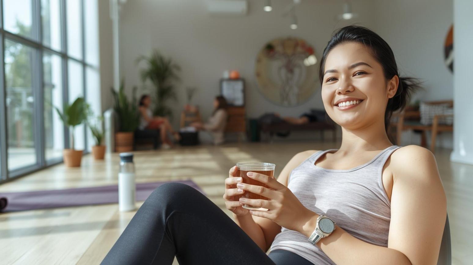 Relaxed woman leaving wellness clinic feeling healthier, calmer, energized, optimistic about daily heart habits.