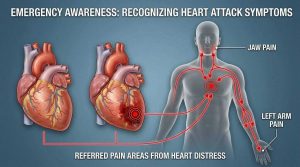 Medical illustration of human heart with highlighted pain areas radiating to arm and jaw, soft red tones, realistic anatomy, emergency awareness concept.