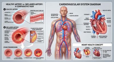 Detailed medical illustration of inflamed arteries compared to healthy arteries