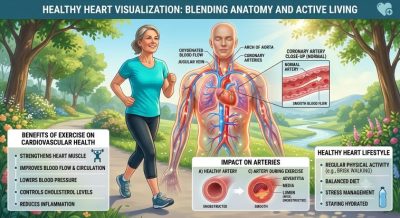 Healthy heart illustration with a person walking and exercising, glowing cardiovascular system