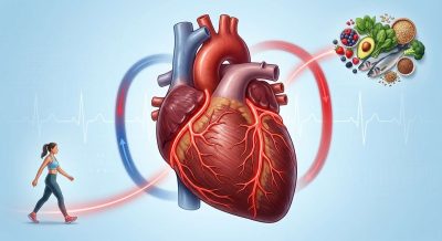 Accurate medical illustration of the human heart with coronary arteries highlighted